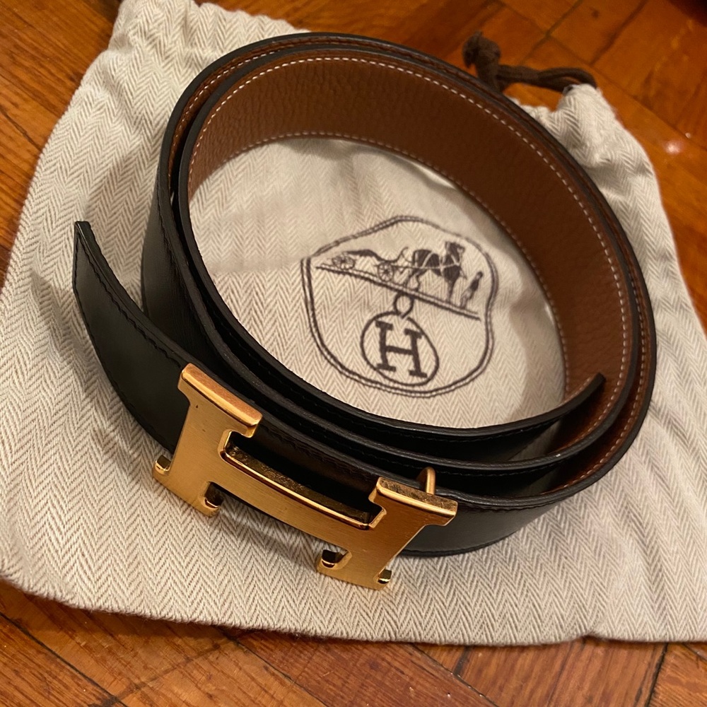 Black/Tan Reversible Hermès Belt with Gold Buckle